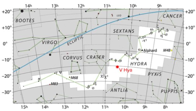 V Hydrae, Suyılanı takımyıldızı yönünde 1300 ışıkyılı uzaklıkta bulunan, karbon bakımından zengin bir yıldızdır.