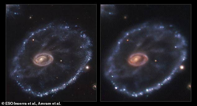 Gökbilimciler, Dünya'dan 500 milyon ışıkyılı uzaklıktaki bir yıldızın dramatik bir süpernovada patladığı ve ömrünün sonunu işaret ettiği anı yakaladı.  Soldaki görüntü 2014'ten patlamadan önce, sağdaki ise 2021'den, patlama sağ altta