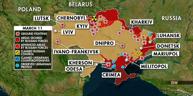 Harita, 11 Mart 2022 itibariyle Rusya'nın Ukrayna'yı işgalini gösteriyor. 