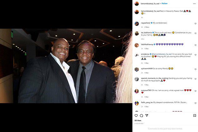 Dozier'in oğlu Lamont Dozier Jr., Instagram'da ikisinin bir fotoğrafını yayınladı ve şunları yazdı: 