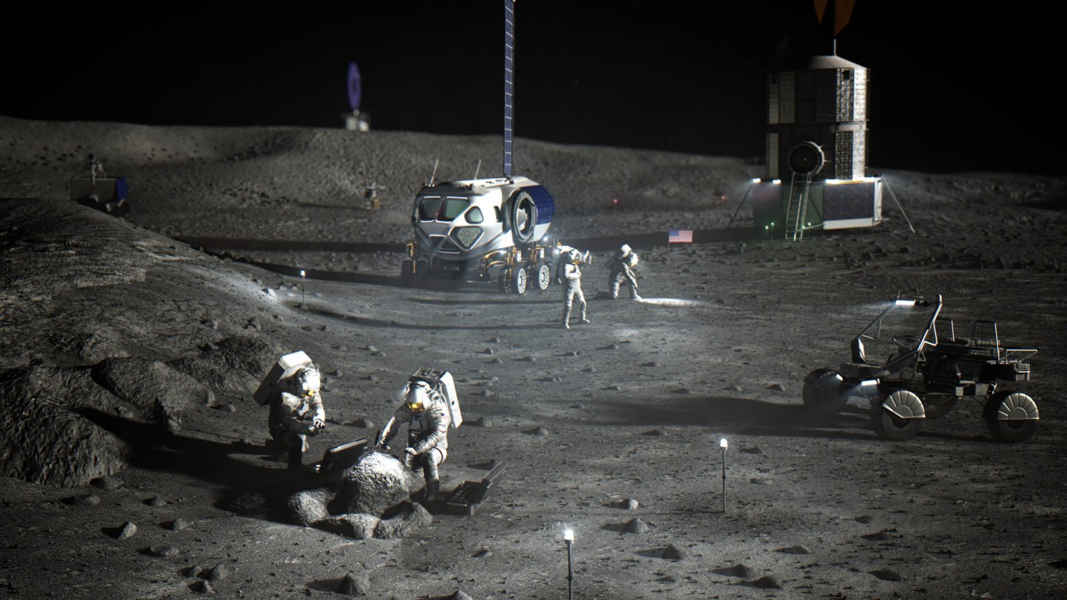 Artemis Ana Kampı kurmak için erken çalışmalar yapan Ay'ın güney kutbunda NASA astronotlarının sanatsal tasviri.