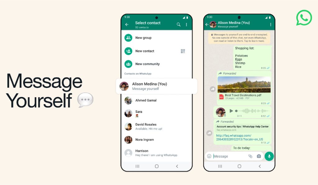 WhatsApp, kendinize mesaj göndermeyi kolaylaştıran bir özellik sunar • TechCrunch