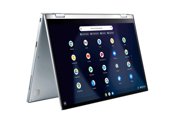 Beyaz bir arka plan üzerinde ASUS Chromebook Flip C433 dizüstü bilgisayar.