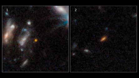 Uzayın karanlığına karşı kırmızımsı bulanık elips şeklinde görünen uzak galaksilerin yan yana görüntüleri