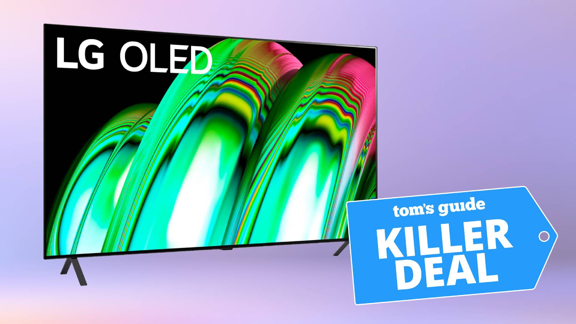 Mor bir arka plan üzerinde LG A2 OLED 4K TV'nin portresi