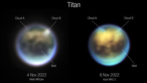 Gökbilimciler, bulutların nasıl geliştiğini görmek için Webb (solda) ve Keck'in Titan görüntülerini karşılaştırdılar.  Bulut A dönüyor gibi görünürken Bulut B dağılıyor gibi görünür.